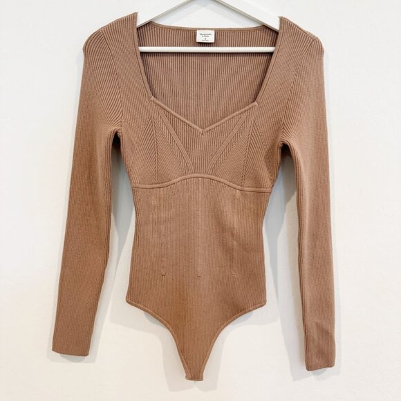 Abercrombie Ribbed Corset Knit Sweetheart Neck Long Sleeve Bodysuit Brown Medium - Picture 1 of 8